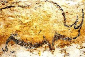 One of three charcoal drawings of rhinos, Rouffignac Cave, Dordogne